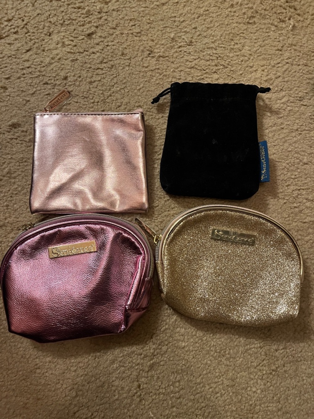 SeneGence Metallic Pink, Rose Gold, Gold & Black Makeup Pouch Set